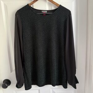 Vince Camuto Womens XL Metallic Knit Sheer Sleeve Blouse Green Black Sparkle Top